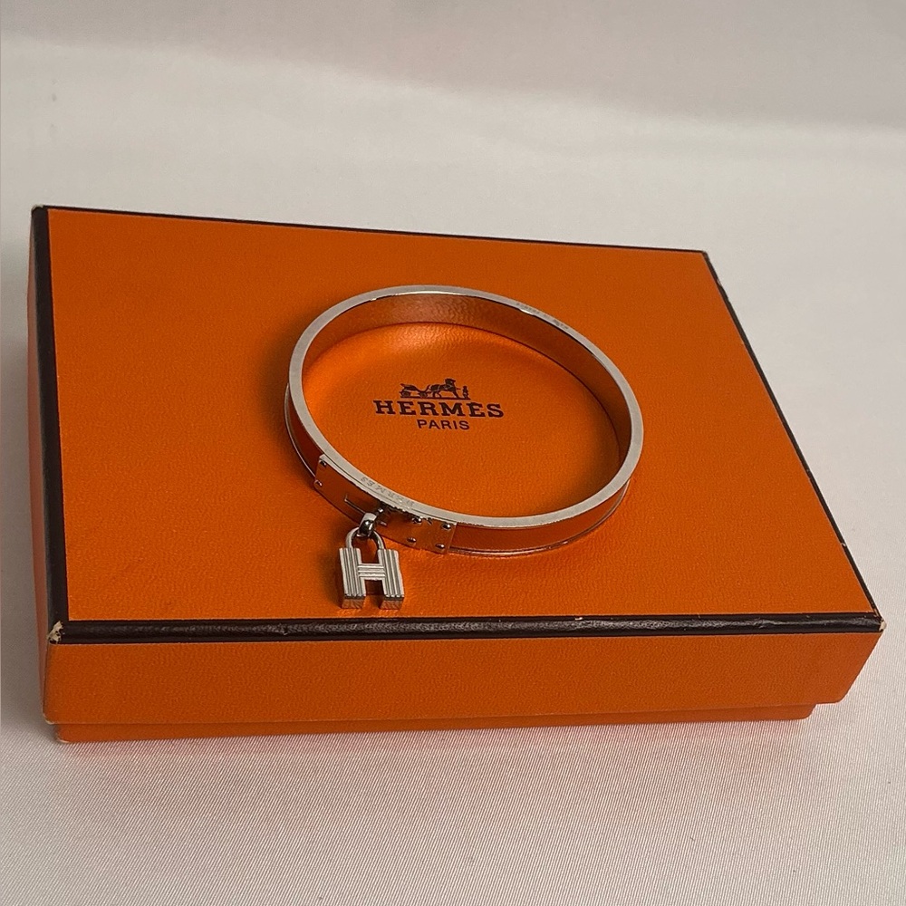 Hermes Kelly H Lock Cadena Charm Silver Orange Bracelet Bangle COA